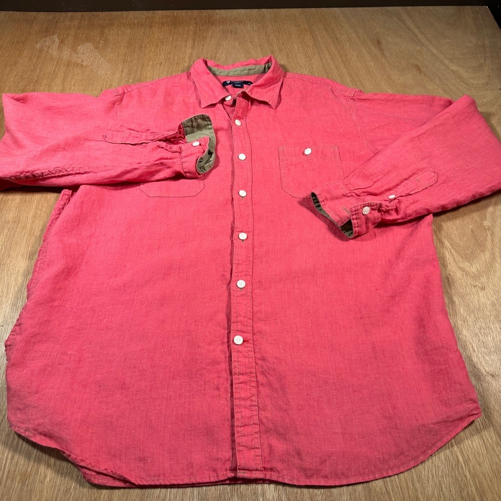 Cremieux Button Down Mens XL Orange Coral Linen Long Sleeve Classics Casual